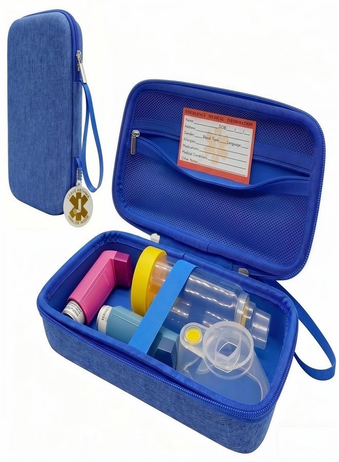 YouKnow Travel Carrying Case for Asthma Inhaler, Inhaler Spacer for Adults and Children, Mask, Inhaler Holder with Asthma Warning Label and Medical Card, with Carabiner (Case Only (Blue - Image 1