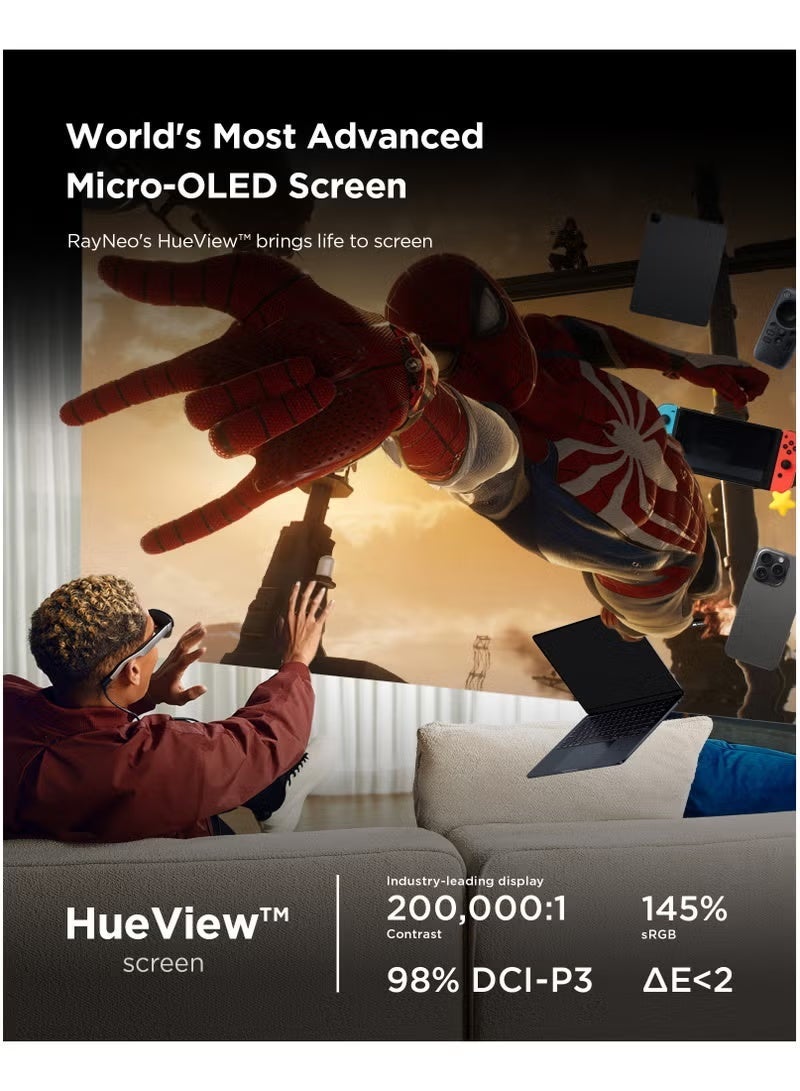 راي نيو نظارة RayNeo Air 4 - نظارة ذكية بتقنية الواقع المعزز من الجيل الرابع، مزودة بشاشة Micro-OLED بتقنية HDR10، سطوع 1200 شمعة، شاشة افتراضية بحجم 135 بوصة، معدل تحديث 120 هرتز، تحويل تلقائي من SDR إلى HDR ومن ثنائي الأبعاد إلى ثلاثي الأبعاد باستخدام الذكاء الاصطناعي، صوت من B&O، خفيفة الوزن، متوافقة مع منفذ USB-C. - Image 2