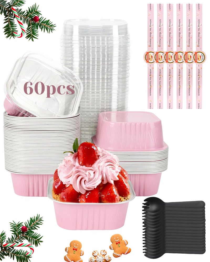 YQER 60 Pack 10oz Mini Cake Pans with Lids Spoons Stickers Disposable Square Brownie Baking Cups Individual Small Aluminum Foil Loaf Tins for Muffin Ramekins Cupcake Catering Gift Pink - Image 2