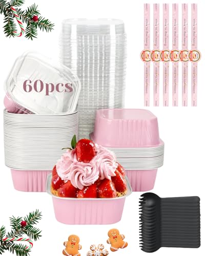 YQER 60 Pack 10oz Mini Cake Pans with Lids Spoons Stickers Disposable Square Brownie Baking Cups Individual Small Aluminum Foil Loaf Tins for Muffin Ramekins Cupcake Catering Gift Pink - Image 1