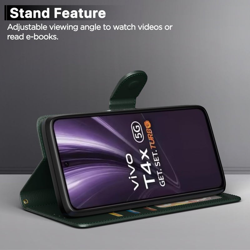 Pikkme Flip Cover for Vivo T4x 5G / iQoo Z10x 5G / Vivo Y31 Pro 5G Leather Finish | Inside TPU with Card Pockets | Wallet Stand and Shock Proof | Complete Protection Flip Case(Green) - Image 3