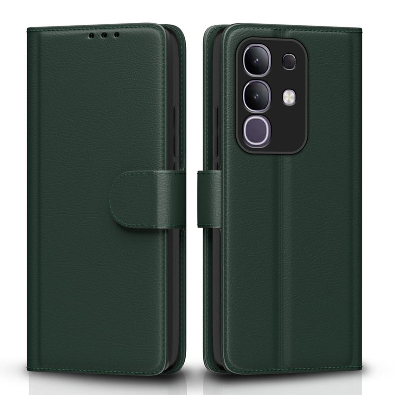 Pikkme Flip Cover for Vivo T4x 5G / iQoo Z10x 5G / Vivo Y31 Pro 5G Leather Finish | Inside TPU with Card Pockets | Wallet Stand and Shock Proof | Complete Protection Flip Case(Green) - Image 1