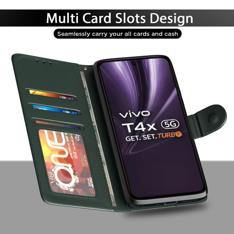 Pikkme Flip Cover for Vivo T4x 5G / iQoo Z10x 5G / Vivo Y31 Pro 5G Leather Finish | Inside TPU with Card Pockets | Wallet Stand and Shock Proof | Complete Protection Flip Case(Green) - Image 5