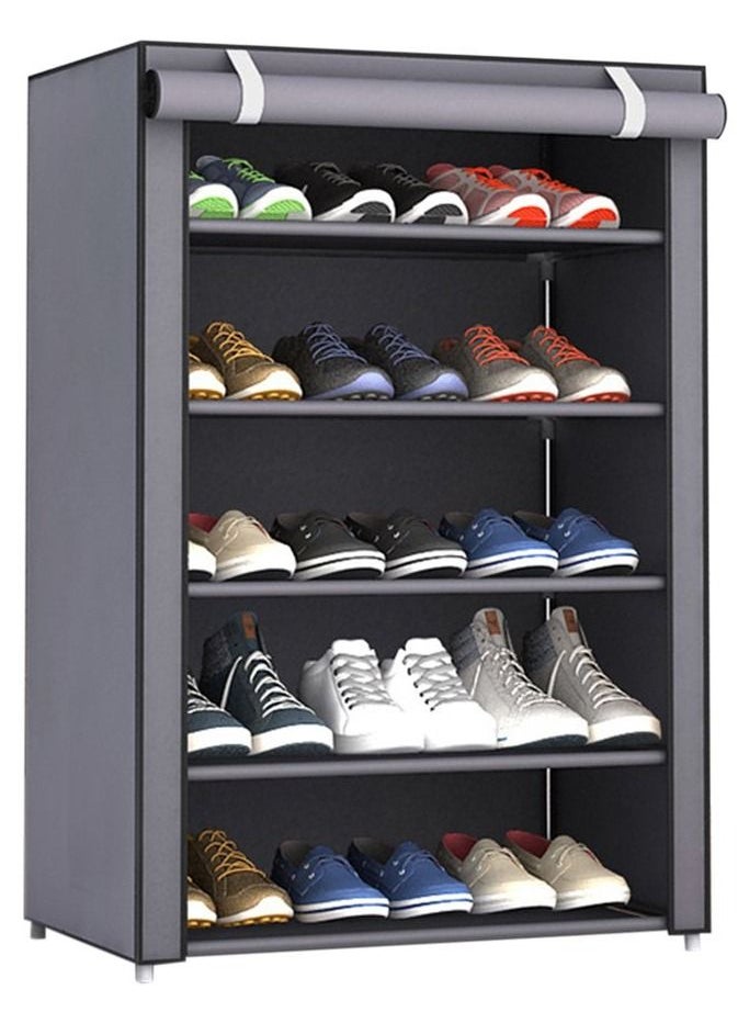 RollsTimi  Shoe Rack 5 Shelves With Stainless Steel Frame Grey Shoes Organizer Cabinet with Dustproof Fabric Cover 60x30x90cm  - Image 1