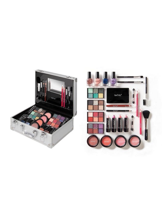 Technic 28 Pcs Carry All Full Make Up Kit In A Trunk Train Case Including Makeup Brushes Eye Shadows Nail Polish Blushers Lipsticks And More  - Image 1
