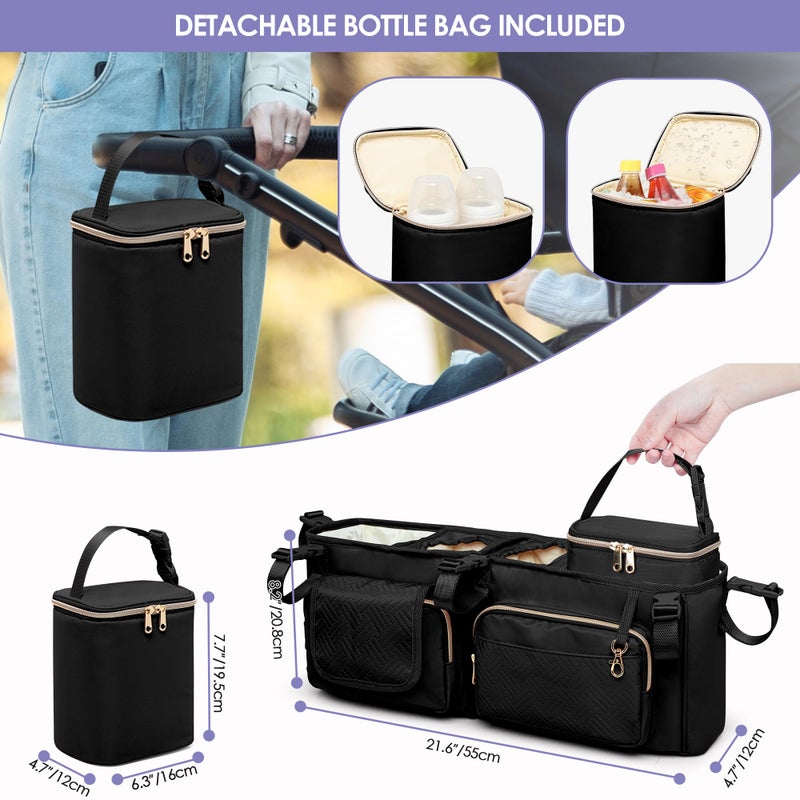 Prokva Double Stroller Organizer Compabitle with BOB Duallie and Baby Jogger City Mini GT2 Double Stroller, Double Parent Stroller Caddy Organizer with Cup Holder and Cooler Bag, Black(Empty Bag) - Image 4