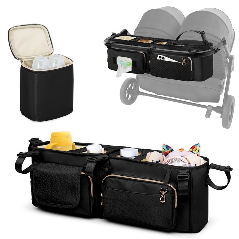 Prokva Double Stroller Organizer Compabitle with BOB Duallie and Baby Jogger City Mini GT2 Double Stroller, Double Parent Stroller Caddy Organizer with Cup Holder and Cooler Bag, Black(Empty Bag) - Image 1