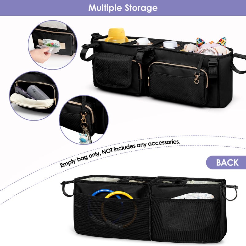 Prokva Double Stroller Organizer Compabitle with BOB Duallie and Baby Jogger City Mini GT2 Double Stroller, Double Parent Stroller Caddy Organizer with Cup Holder and Cooler Bag, Black(Empty Bag) - Image 3