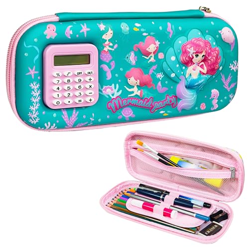VGRASSP Stationery Pencil Pouch for Kids with Mini Calculator - Mermaid Theme Zipper Case with Multi Storage Compartments - School Supplies Organizer - Multicolor - Image 1