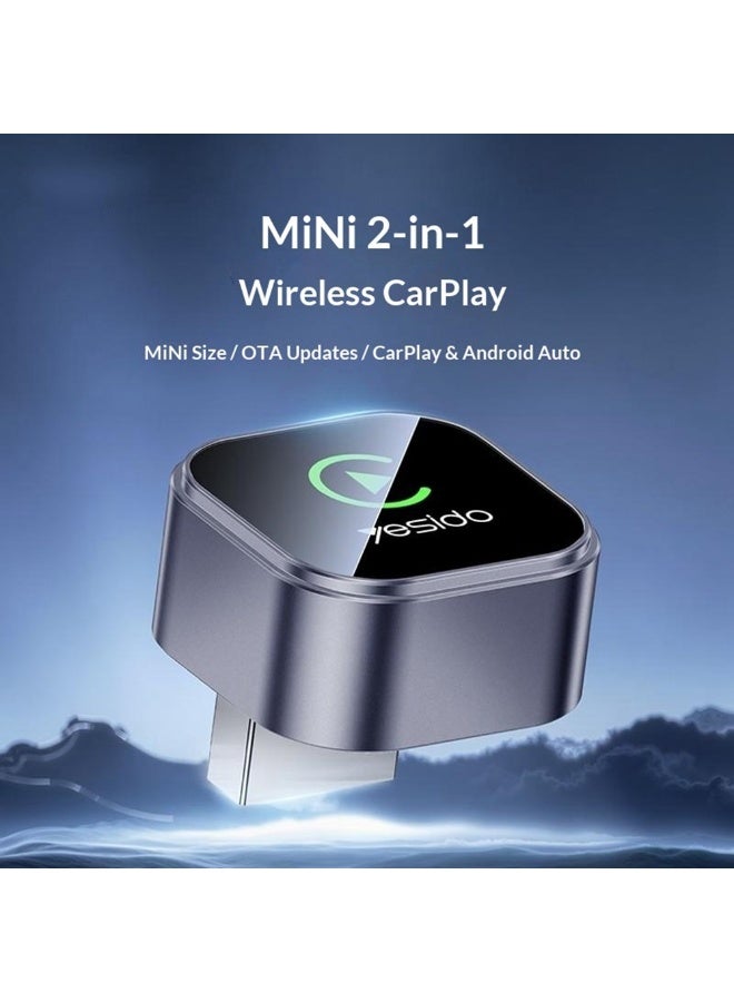 Yesido KM31 2-in-1 Mini Wireless CarPlay & Android Auto Adapter Dongle for Factory Wired Cars Aluminum Alloy & Acrylic with USB-C Converter - Metallic Blue (2-Piece Kit) - Image 5
