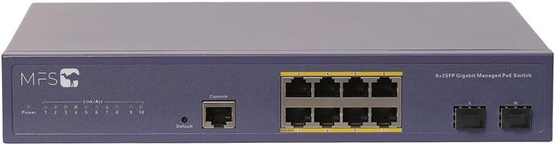 8-Port Gigabit PoE Switch, 8 GE PoE+, 2 GE Uplink, 2 Gigabit SFP, IEEE802.3af/at Max 120W, Fanless Unmanaged Ethernet Switch, Plug and Play