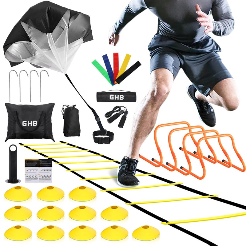 GHB Agility LadderFootball Training Equipment Set4 Agility Hurdles 20 feet 12 Rungs Speed Ladder12 Disc ConesResistance Parachute Jump Rope 5 Resistance Bands for Workout