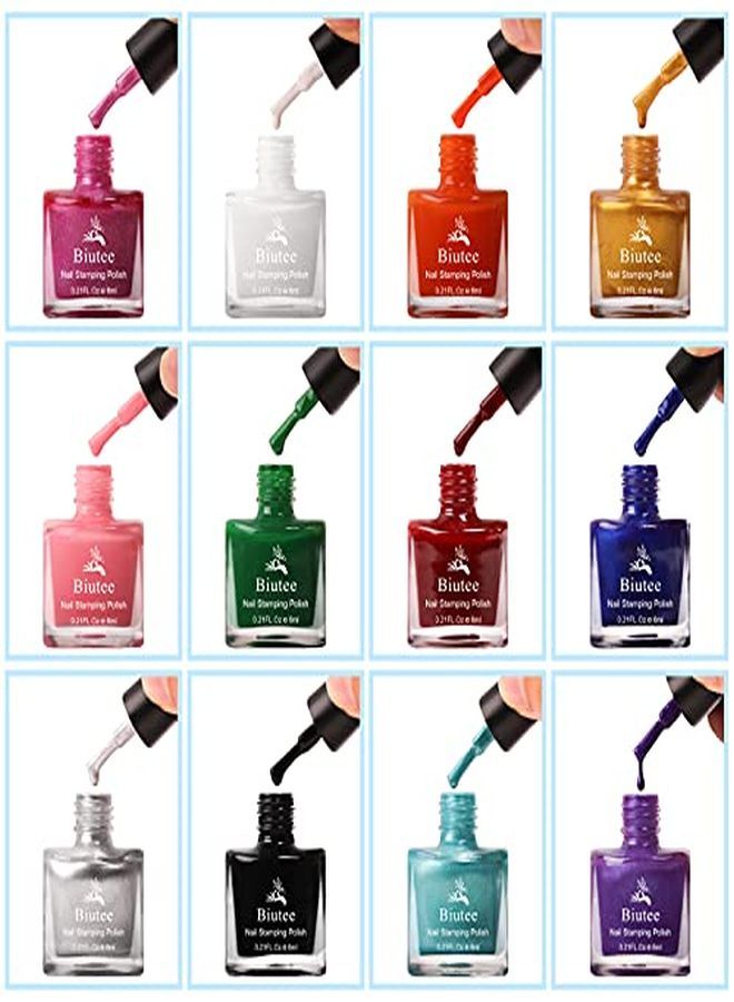 Biutee Nail Stamping Polish 12 Colors 6Ml Air Dry Special Polish Manicure Print Nail Polish For Stamping Plates Solid Color Nail Polish Gift Box Nail Varnish Lacquer Nail Art Stamp Gel Polish Set  - Image 3