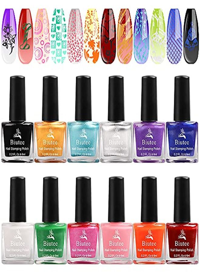 Biutee Nail Stamping Polish 12 Colors 6Ml Air Dry Special Polish Manicure Print Nail Polish For Stamping Plates Solid Color Nail Polish Gift Box Nail Varnish Lacquer Nail Art Stamp Gel Polish Set  - Image 1