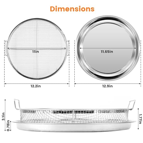 Snevad 2 Piece Round Stainless Steel Air Fryer Basket for Oven Grill - Non-Stick Mesh Crisping Tray Set for Cooking Chips, French Fry, Chicken - Bowl Roasting Pan With Handles - Image 2