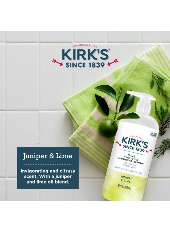 Kirk's 3-in-1 Castile Liquid Soap by + Travel Size Bar Soap (1.13 oz.) | Head-to-Toe Natural Shampoo, Face Soap & Body Wash for Men, Women & Children | Juniper & Lime Scent | 32 Fl Oz. - 2 Pack - Image 5