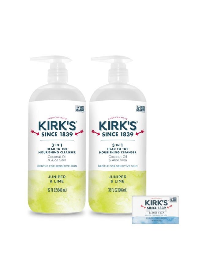 Kirk's 3-in-1 Castile Liquid Soap by + Travel Size Bar Soap (1.13 oz.) | Head-to-Toe Natural Shampoo, Face Soap & Body Wash for Men, Women & Children | Juniper & Lime Scent | 32 Fl Oz. - 2 Pack - Image 1