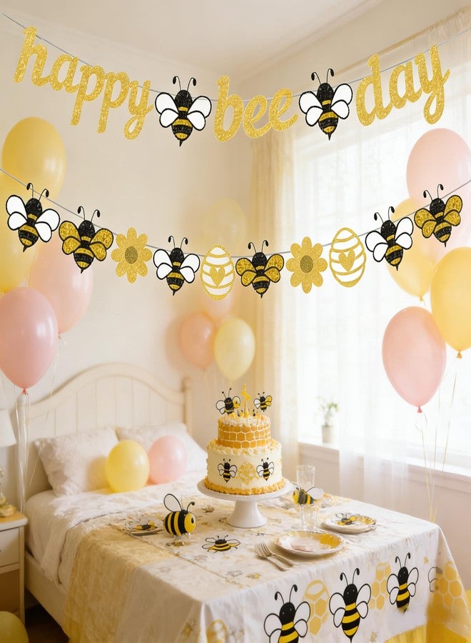 WAWEOOP Bee Birthday Party Decorations,Glitter Gold Happy Bee Day Banner with Bumblebee Daisy Banner,Bumblebee Themed Party Decor Supoplies - Image 4