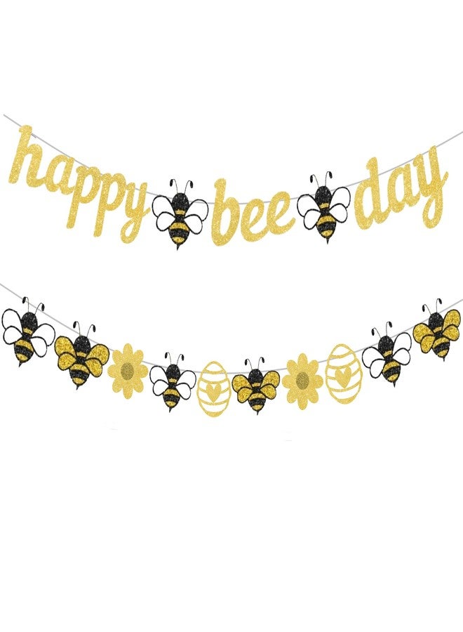WAWEOOP Bee Birthday Party Decorations,Glitter Gold Happy Bee Day Banner with Bumblebee Daisy Banner,Bumblebee Themed Party Decor Supoplies - Image 2