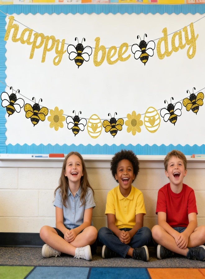 WAWEOOP Bee Birthday Party Decorations,Glitter Gold Happy Bee Day Banner with Bumblebee Daisy Banner,Bumblebee Themed Party Decor Supoplies - Image 3