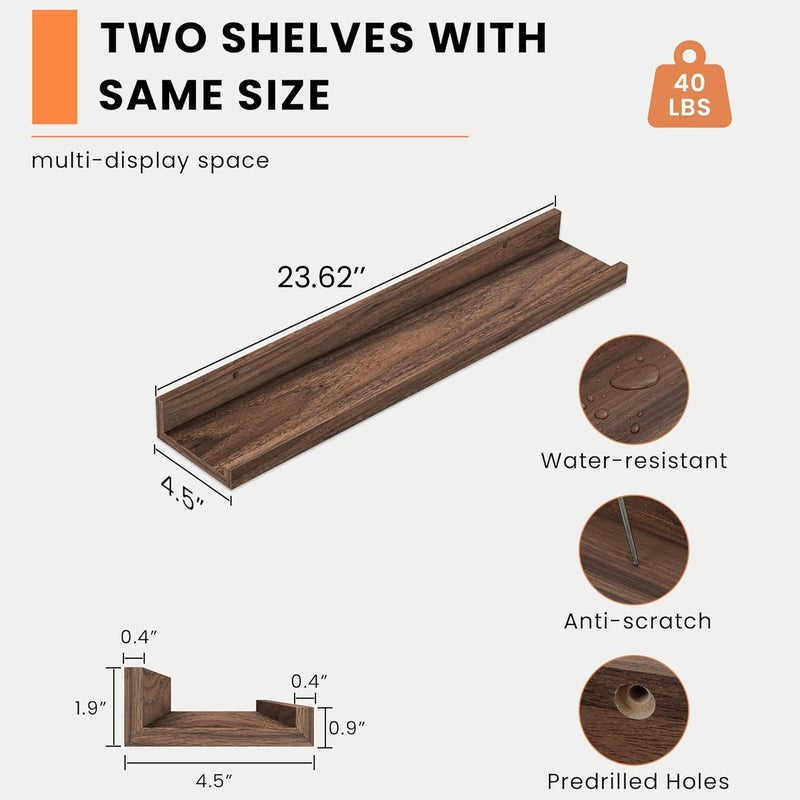 Heimlove Picture Ledge Shelf, Floating Shelves Set of 2, 24 Inches Picture Shelf for Wall with Ledge, Kids Bookshelf Wall Mounted for Living Room Bedroom Decor Books Photo Frames - Walnut - Image 2