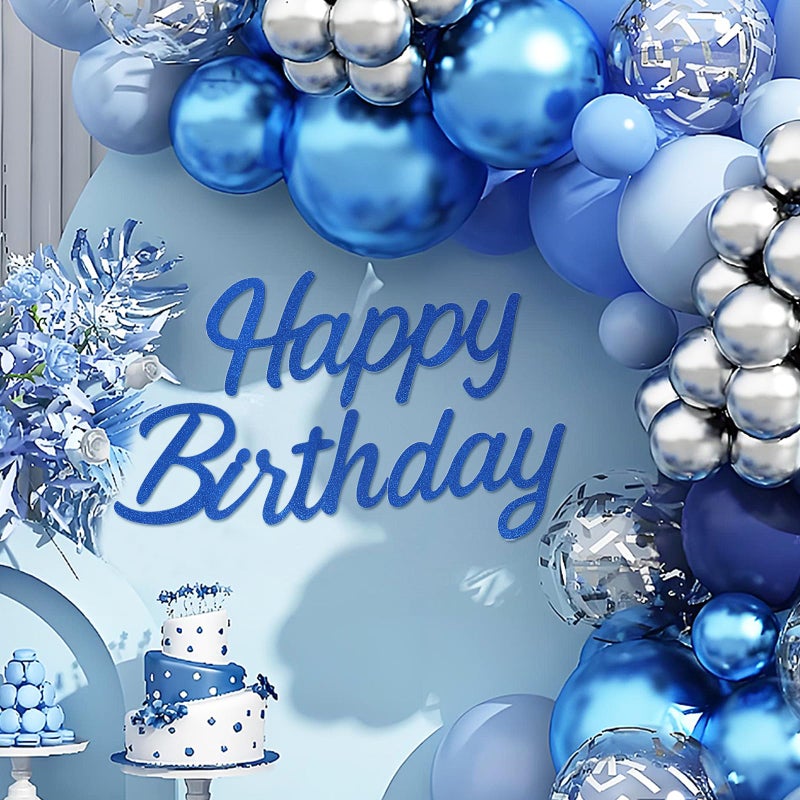 MASTRON Happy Birthday Sign for Backdrop, Glitter Blue 22 X 14 'Happy Birthday' Decal Letters Sticker Balloon Arch Backdrop for Unisex All Ages Men Women Birthday Party Supplies Decorations - Image 1