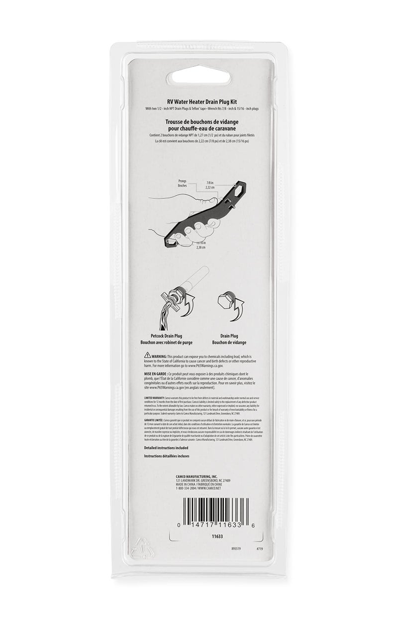 Camco RV Water Heater Drain Plug and Wrench Kit | Designed for RV & Camper Water Heater Drain Plugs | Fits 7/8" & 15/16" Drain Plugs | Angled Design Allows You to Reach Tight Spots (11633) - Image 3