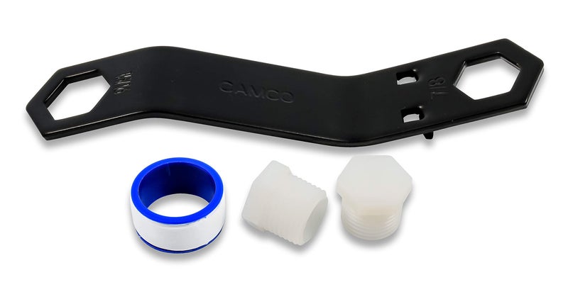 Camco RV Water Heater Drain Plug and Wrench Kit | Designed for RV & Camper Water Heater Drain Plugs | Fits 7/8" & 15/16" Drain Plugs | Angled Design Allows You to Reach Tight Spots (11633) - Image 1
