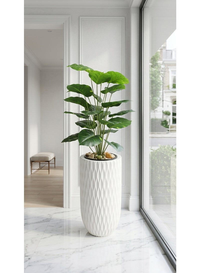 نبات ديكور صناعي طويل داخلي في أصيص أرضي عصري – شجرة زينة فاخرة للمداخل وغرف المعيشة والمكاتب – تصميم واقعي بلمسة طبيعية ووعاء مخطط أنيق - Image 1