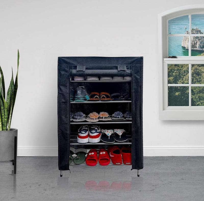 SANAMSTORE Metal 5 Tier Rack Shoe/Clothes/Books Stand Rack with Cover for Home (Need to Be Assemble - DIY) -Black - Image 1