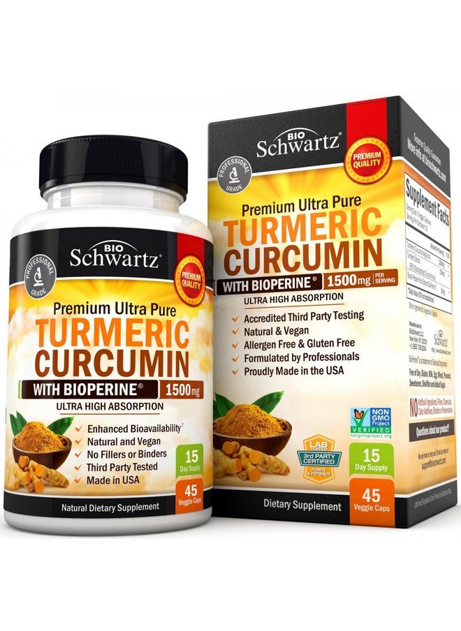 Turmeric Curcumin With Bioperine 1500Mg Natural Joint Support With 95% Standardized Curcuminoids & Black Pepper Extract For Ultra High Absorption & Potency Non Gmo Gluten Free 45 Capsules
