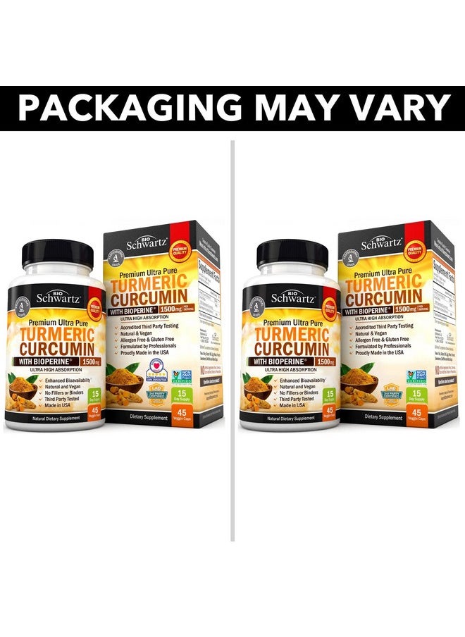 Turmeric Curcumin With Bioperine 1500Mg Natural Joint Support With 95% Standardized Curcuminoids & Black Pepper Extract For Ultra High Absorption & Potency Non Gmo Gluten Free 45 Capsules