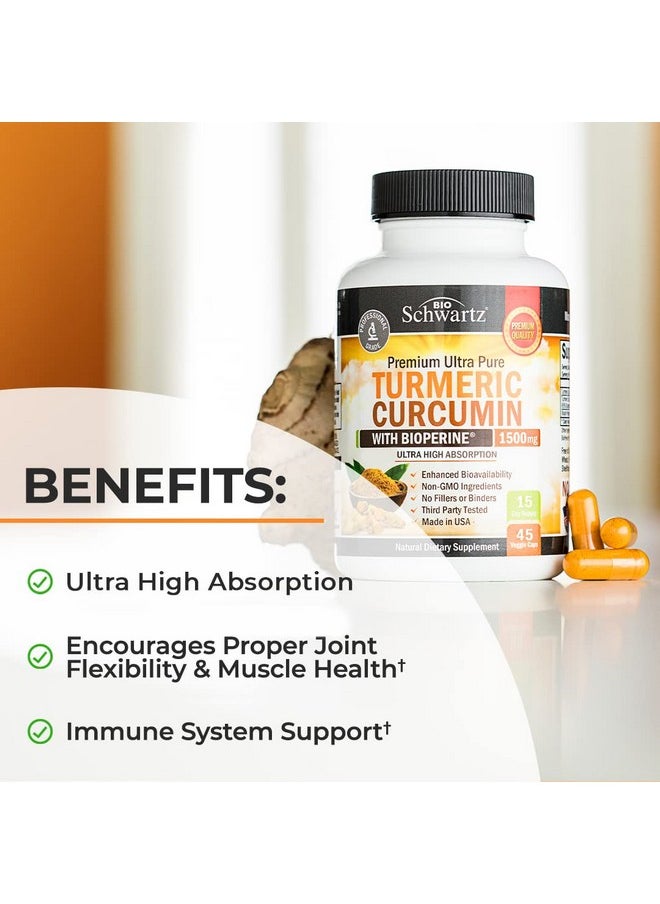 Turmeric Curcumin With Bioperine 1500Mg Natural Joint Support With 95% Standardized Curcuminoids & Black Pepper Extract For Ultra High Absorption & Potency Non Gmo Gluten Free 45 Capsules