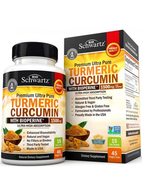 Turmeric Curcumin With Bioperine 1500Mg Natural Joint Support With 95% Standardized Curcuminoids & Black Pepper Extract For Ultra High Absorption & Potency Non Gmo Gluten Free 45 Capsules