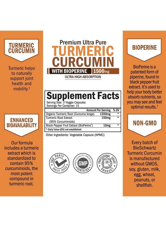 Turmeric Curcumin With Bioperine 1500Mg Natural Joint Support With 95% Standardized Curcuminoids & Black Pepper Extract For Ultra High Absorption & Potency Non Gmo Gluten Free 45 Capsules