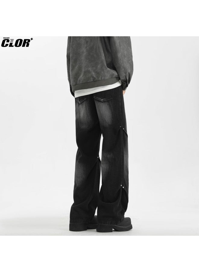 Clor American Style Rivet Denim Jeans Men Autumn Winter High Street Trend Loose Straight Wide Leg Pants Nz25 Black Gray L - Image 3