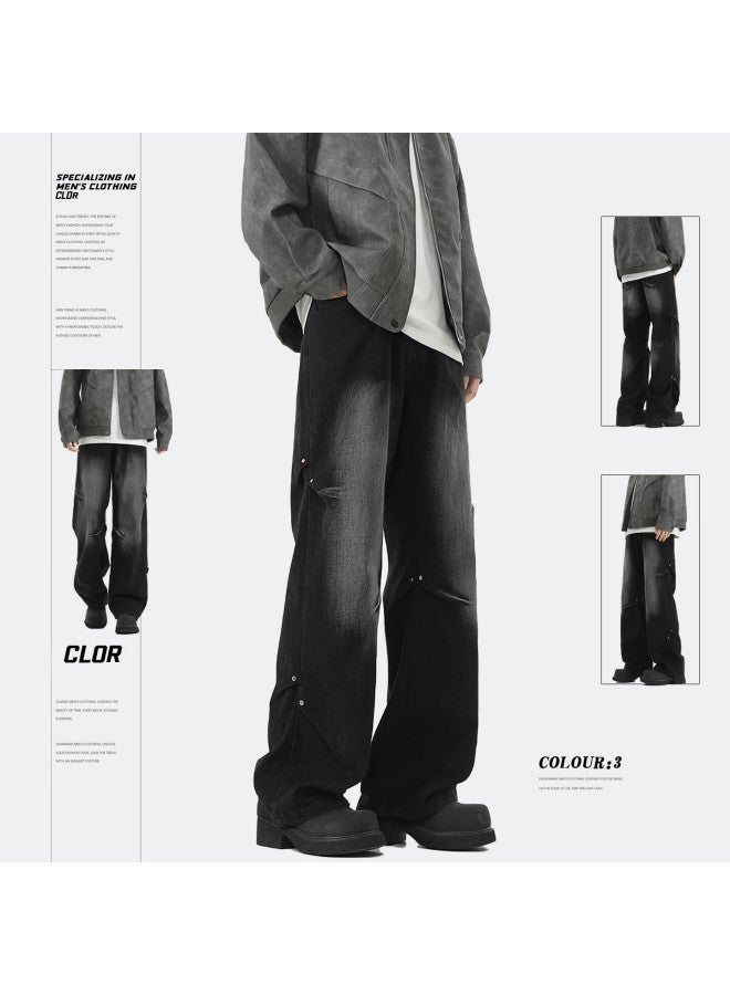 Clor American Style Rivet Denim Jeans Men Autumn Winter High Street Trend Loose Straight Wide Leg Pants Nz25 Black Gray L - Image 1