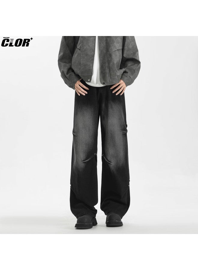 Clor American Style Rivet Denim Jeans Men Autumn Winter High Street Trend Loose Straight Wide Leg Pants Nz25 Black Gray L - Image 2