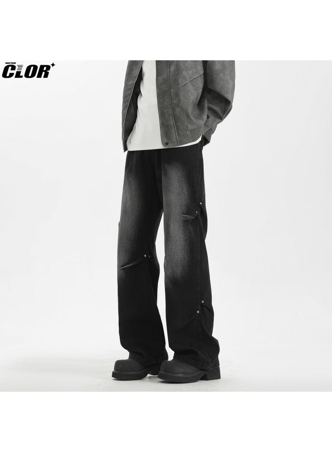 Clor American Style Rivet Denim Jeans Men Autumn Winter High Street Trend Loose Straight Wide Leg Pants Nz25 Black Gray L - Image 5