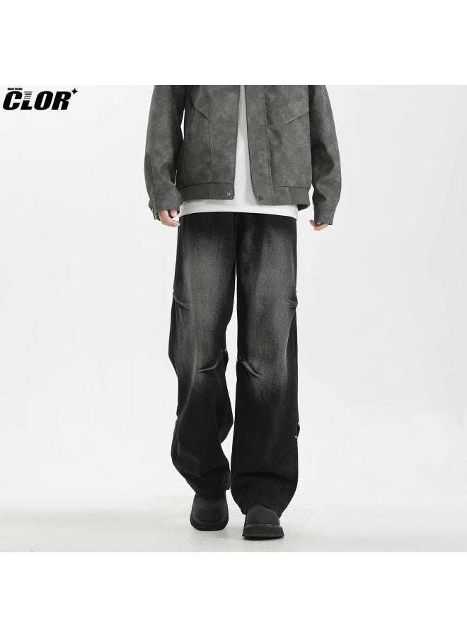Clor American Style Rivet Denim Jeans Men Autumn Winter High Street Trend Loose Straight Wide Leg Pants Nz25 Black Gray L - Image 4