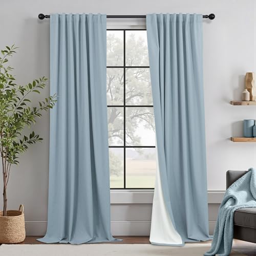 DANCURTON Dusty Blue Drapes 84 Inch Length 2 Panels for Bedroom Aesthetic 100% Blackout Cute Curtains for Nursery Weather Curtain Thermal Insulated Energy Efficient Cotton Linen Back Tab Pleated Stone Blue Grey - Image 1