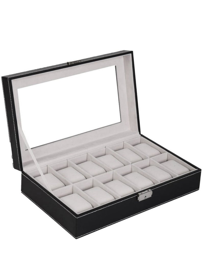 رولستيمي 12 فتحة ساعة صندوق عرض بو الجلود غطاء زجاجي حقيقي ساعة تخزين مجوهرات منظمة - Image 3