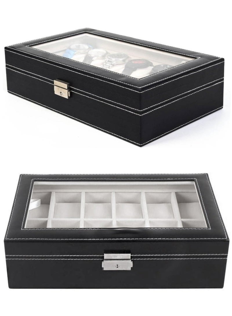 رولستيمي 12 فتحة ساعة صندوق عرض بو الجلود غطاء زجاجي حقيقي ساعة تخزين مجوهرات منظمة - Image 2