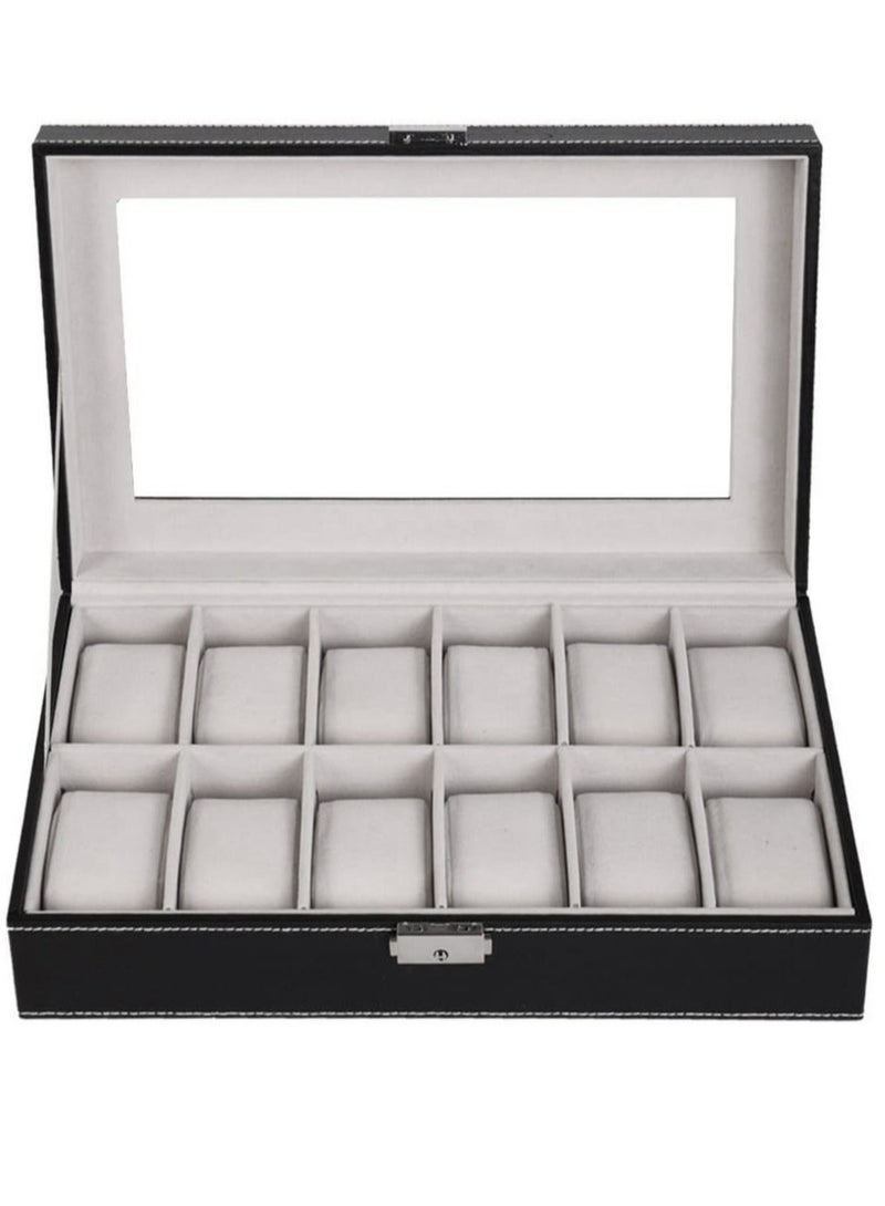 رولستيمي 12 فتحة ساعة صندوق عرض بو الجلود غطاء زجاجي حقيقي ساعة تخزين مجوهرات منظمة - Image 4