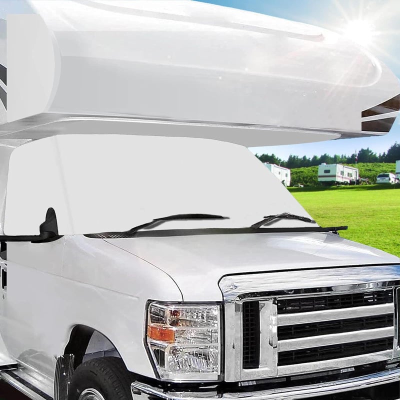 Mofeez RV Windshield Cover Compatible with Class C Ford 19972025 UV Block Offer Complete Privacy with Light Preserves Interior White Color with Mirror Cutouts