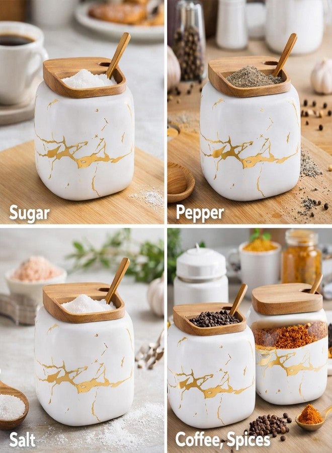JFFLYIT Marble Ceramics Sugar Bowl Ceramic Seasoning Box Ceramic Spice Jars Porcelain Condiment Pots with Lid and Spoon (White) - Image 3