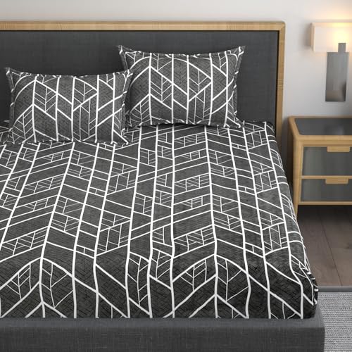AMEYAA Premium Heavy Cotton Elastic Fitted Abstract Bedsheets with 2 King Size Pillow Covers || Double Bed with All Around Elastic 350 TC || 72 x 78 x 10 Inch King Size Fitted || Black - Image 1