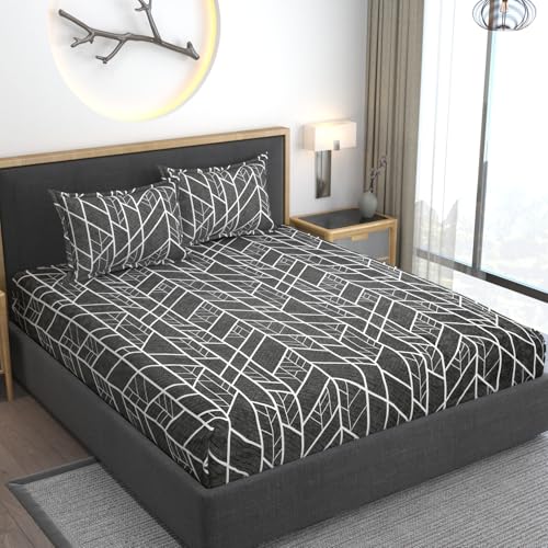 AMEYAA Premium Heavy Cotton Elastic Fitted Abstract Bedsheets with 2 King Size Pillow Covers || Double Bed with All Around Elastic 350 TC || 72 x 78 x 10 Inch King Size Fitted || Black - Image 2