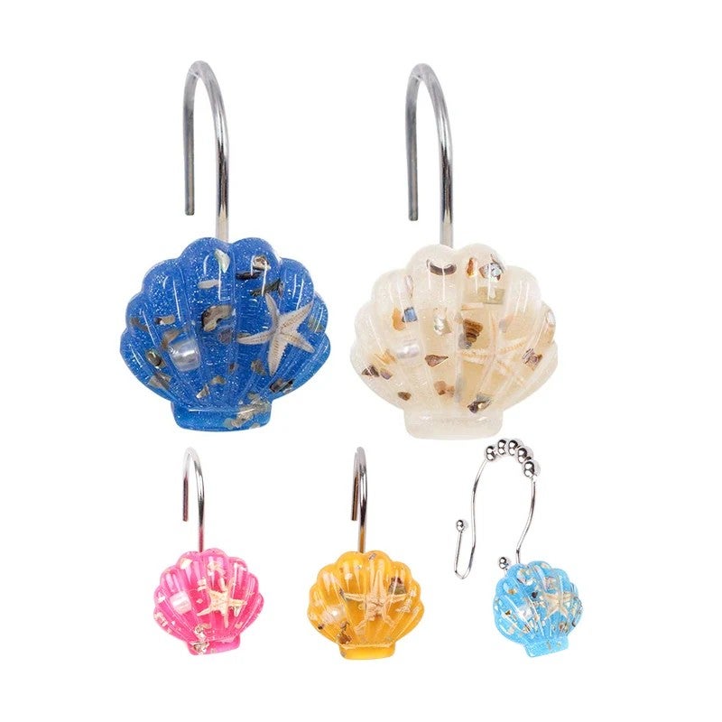 Bluejw 12 Pack Stainless Steel Shower Curtain Rings with Crystal Resin Seashells, Decorative Glide Hooks for Bathroom - Image 2