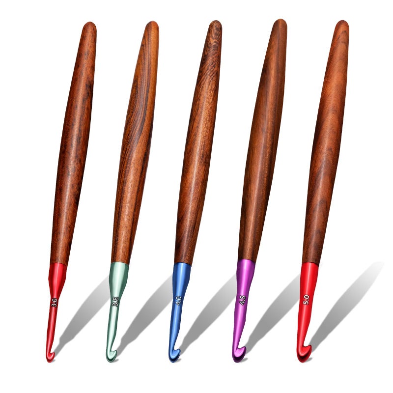 Giwrmu Crochet Hook Set, 5 Pcs Ergonomic Crochet Hooks, Colored Aluminum Crochet Hook with Wooden Handle for Arthritic Hands Knitted Dolls, Gloves, Sweaters, Blankets - 3.0mm/3.5mm/4.0mm/4.5mm/5.0mm - Image 1